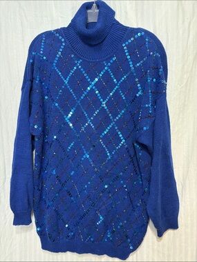 Vintage 80-90’s Leslie Fay Royal Blue Sequin Argyle Turtleneck Sweater